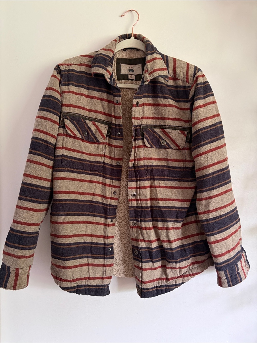 Striped Sherpa-Lined Shirt Jacket - Beige, Navy & Red
